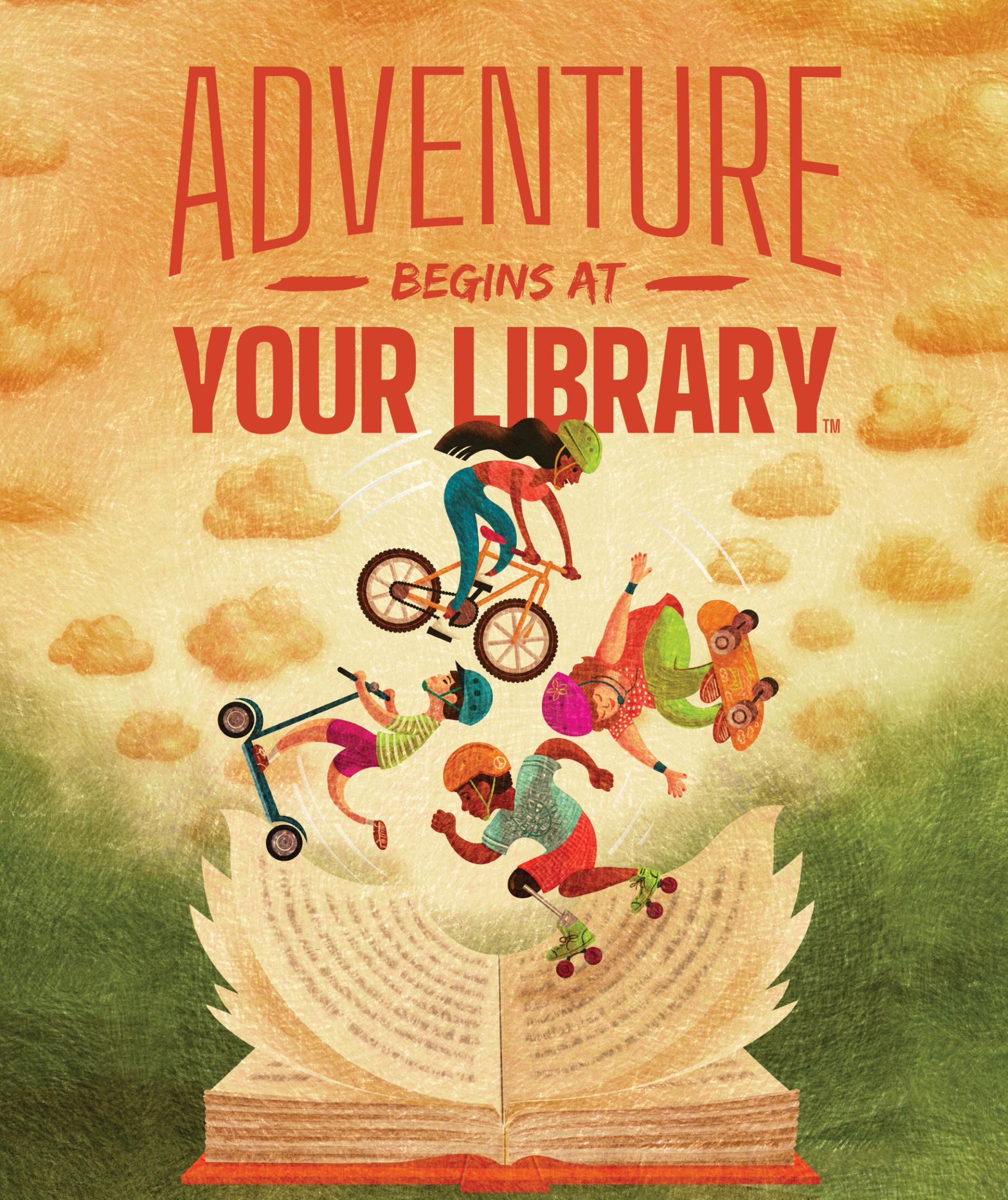 Adventure Begins at your library - English, vertical, bikes and skates