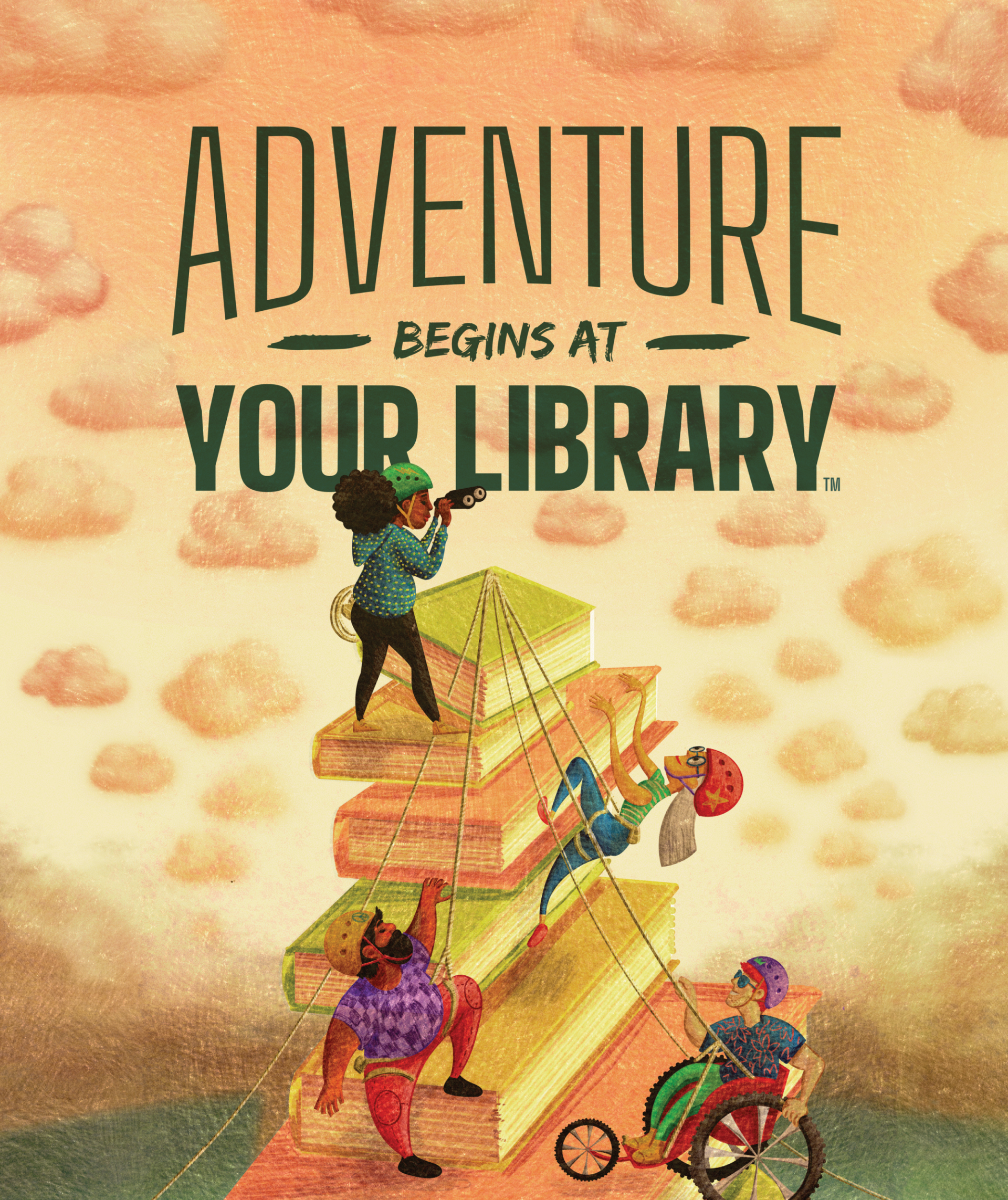 Adventure Begins at your library - English, vertical, book mountain