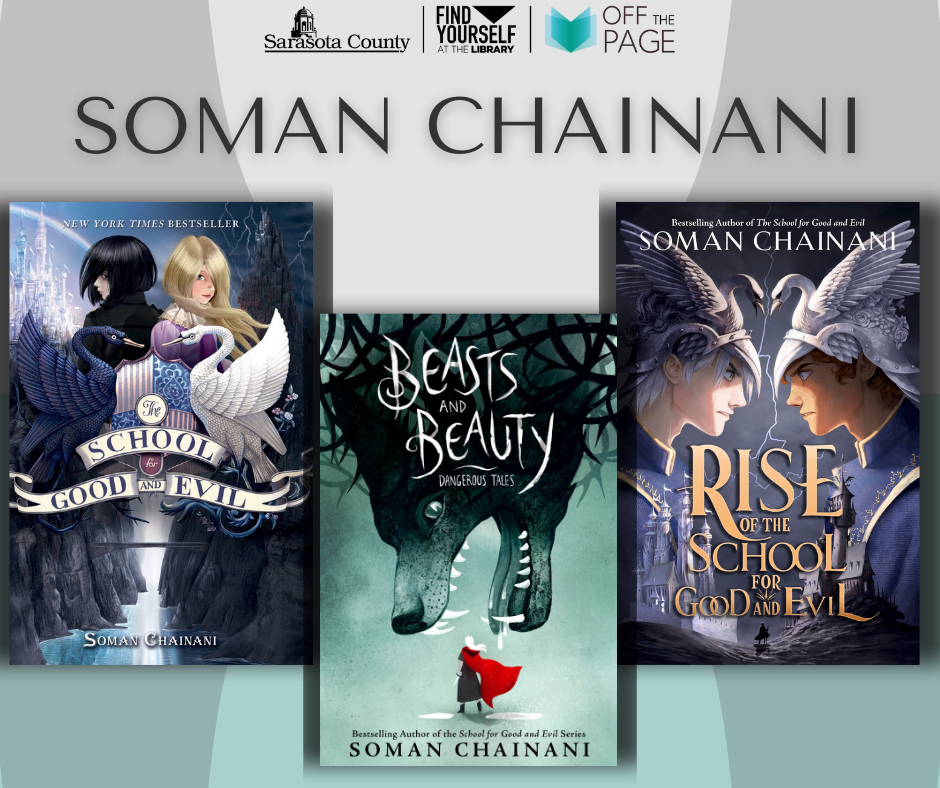 Soman Chainani book covers including School for Good and Evil, Rise and Beasts and Beauty